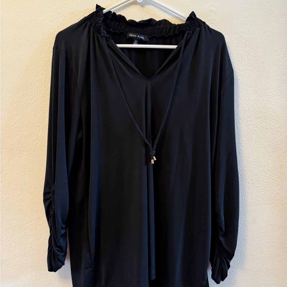 Lynn Ryan Black Peasant Tunic Blouse Ruffle Tie V-Neck Plus Size 1X Boho Top
